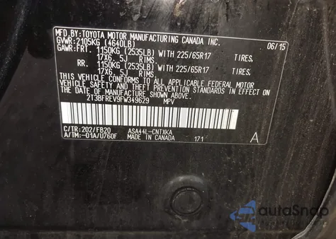 2015 Toyota Rav4 Le z USA, uszkodzony, nr VIN 2T3BFREV9FW349629